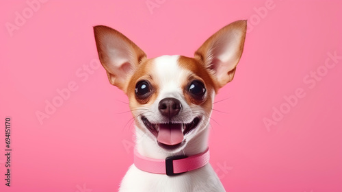 A dog with an expression on a pink background, like a star of a photo shoot