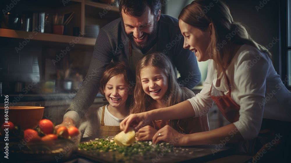 a delightful, happy family cooking in the kitchen. generative AI