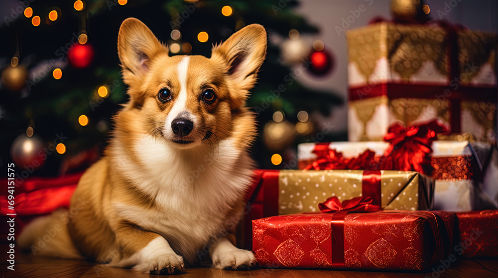Portrait of a dog looking at gifts under the Christmas tree Portrait of a dog looking at gifts under the Christmas tree