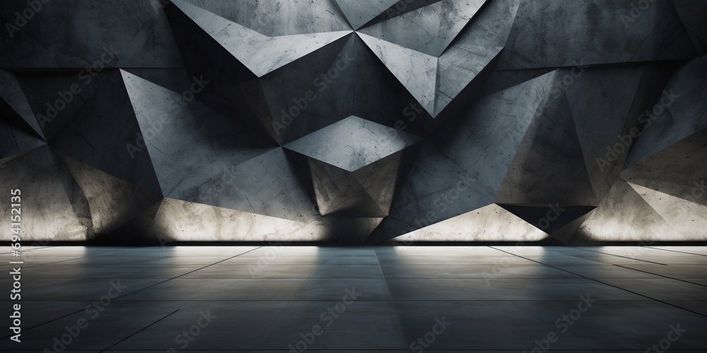 Abstract dark concrete 3d interior with polygonal pattern background, modern interior lobby banner. - obrazy, fototapety, plakaty 