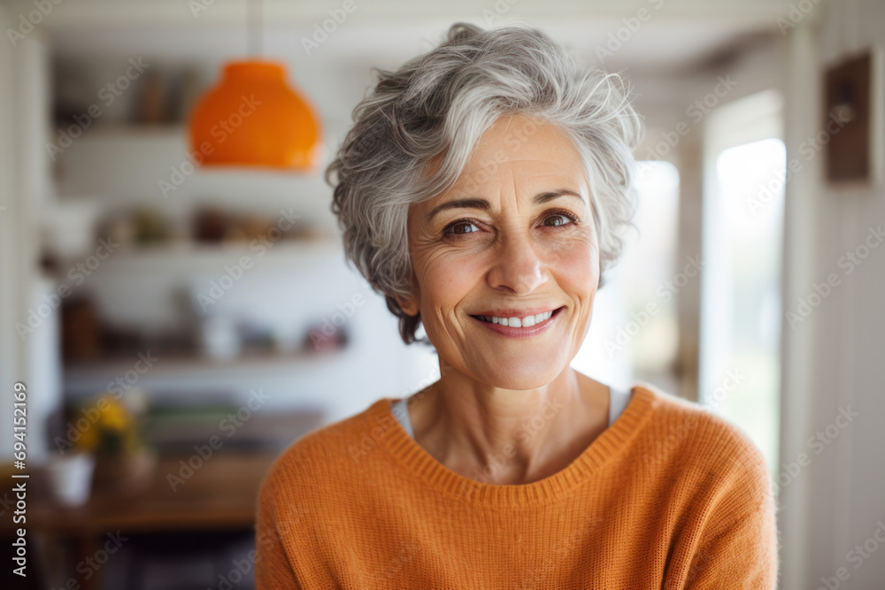 Portrait of a senior woman smiling in the kitchen  - obrazy, fototapety, plakaty 