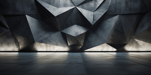 Abstract dark concrete 3d interior with polygonal pattern background, modern interior lobby banner.