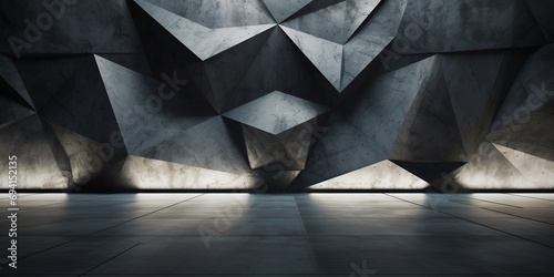 Abstract dark concrete 3d interior with polygonal pattern background, modern interior lobby banner.