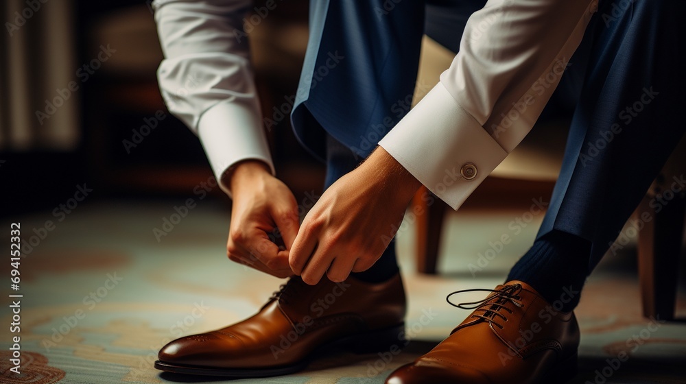 A man in a business suit ties the laces, groom tying shoes getting ready in the morning for the wedding ceremony. - obrazy, fototapety, plakaty 