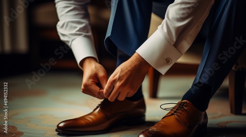 Fotografia A man in a business suit ties the laces, groom tying shoes getting ready in the morning for the wedding ceremony