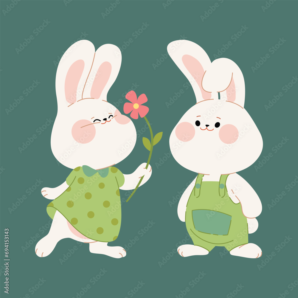 Cute couple of rabbits. Cartoon characters of the boy bunny and girl bunny. Kawaii hares for Valentine's Day, Birthday, or Easter card, sticker, banner, or package design. Vector illustration. Cute couple of rabbits. Cartoon characters of the boy bunny and girl bunny. Kawaii hares for Valentine's Day, Birthday, or Easter card, sticker, banner, or package design. Vector illustration.