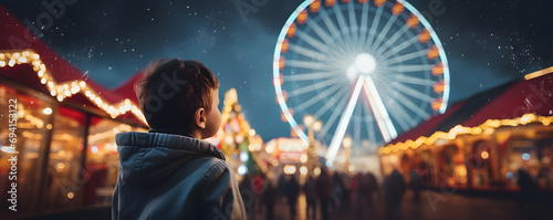 happy child watching the lights of a Christmas market with ferris wheel in the bokeh background photo