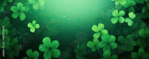 Frame made of clover leaves on green background. Three-leaved shamrocks. St Patrick Day holiday symbol. Template for design card, invitation, banner photo