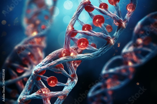Telomeres shorten with aging, causing DNA damage and reducing lifespan. Generative AI photo