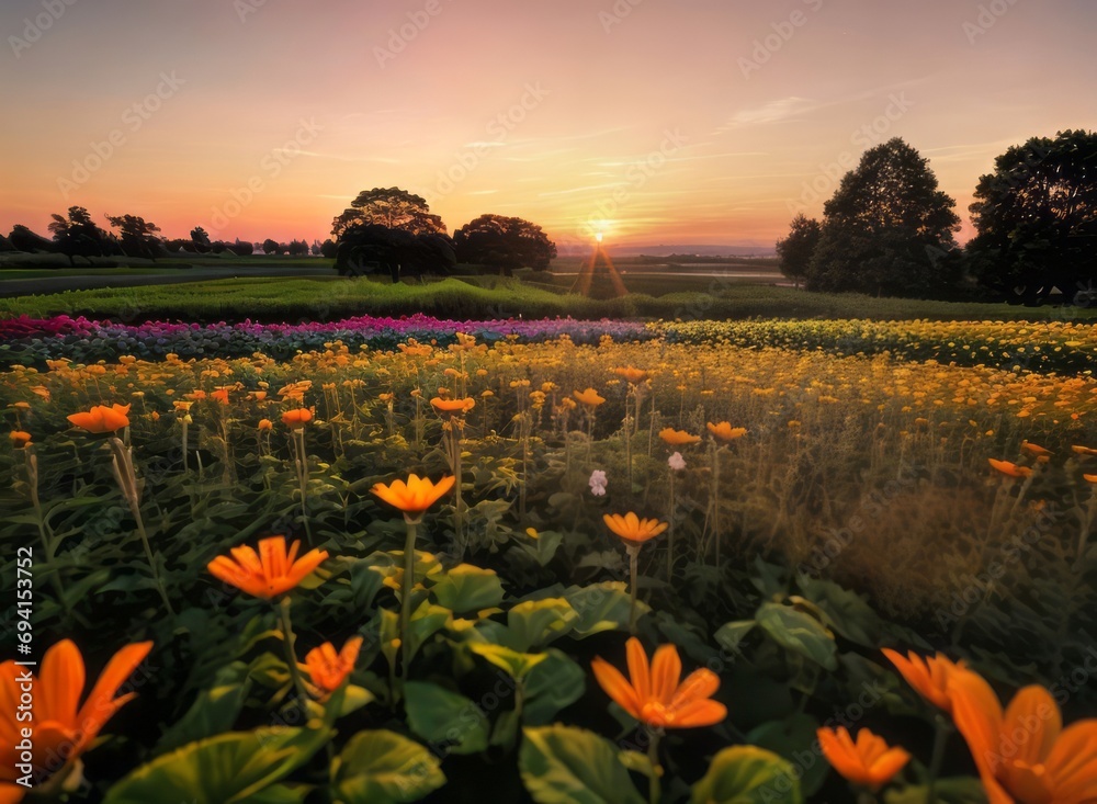 field of flowers photograph sunset orange sky with beautiful and colorful flowers 