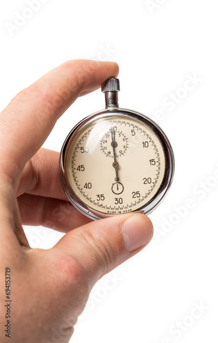 Stopwatch in the hand of a trainer on a white background