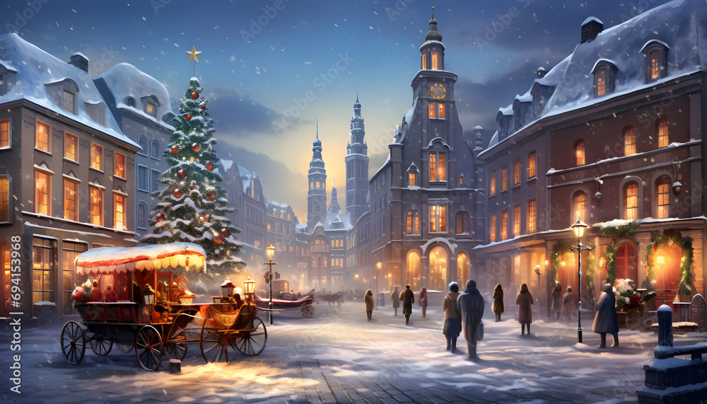 Obraz premium Belebter Marktplatz in der Altstadt an einem Weihnachtsabend / Vintage Winter Gemälde / Weihnachten Wallpaper / Ai-Ki generiert