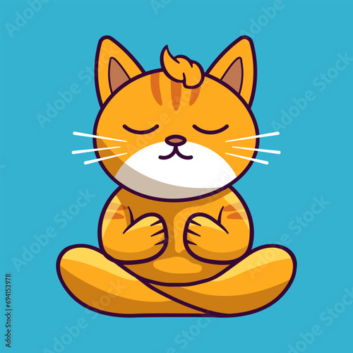 An enchanting vector illustration of a meditating orange cat in lotus position. Captivating cartoon style, serene and minimalistic.