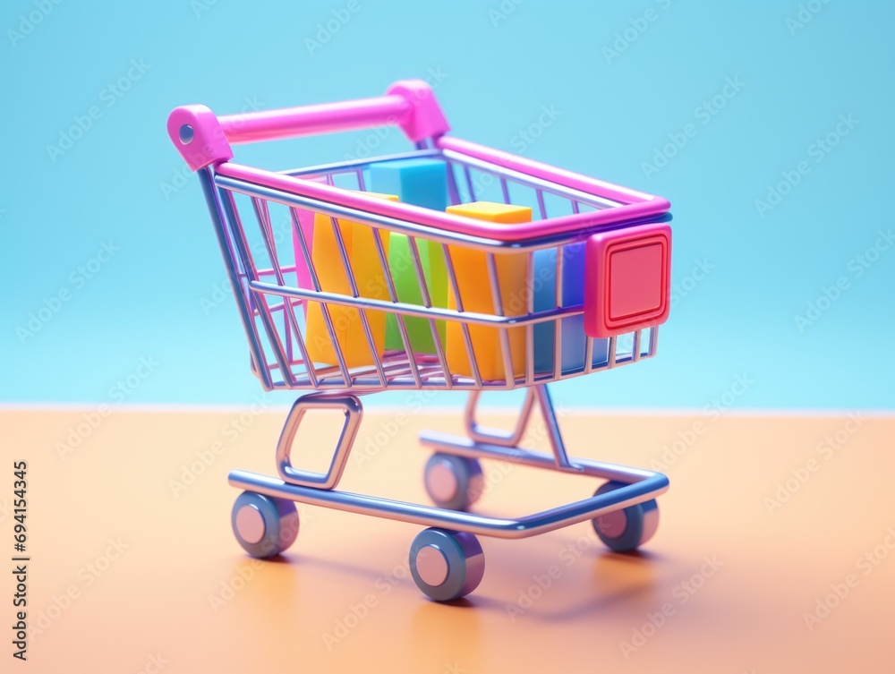 A toy shopping cart with colorful blocks in it.