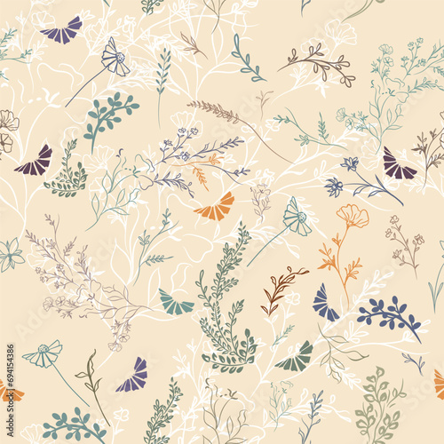 Fashion vector pattern with rustic flowers in vintage style