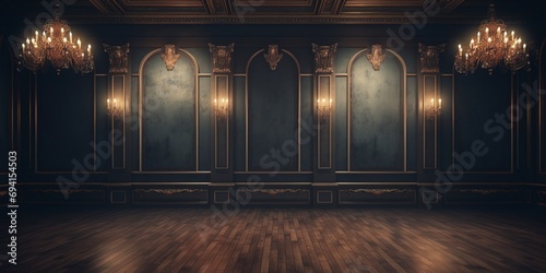 Empty elegant vintage room at night with copy space, luxury dark royal hall backgrounds decorated with chandelier and lamps.