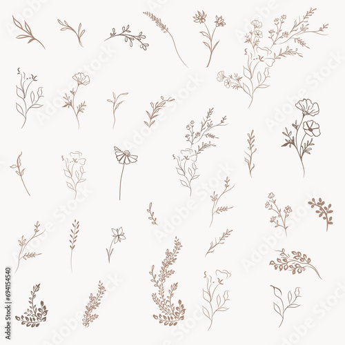 Set of vector simple  lined  florals for design