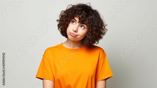 Photo of adorable thoughtful girl dressed orange tshirt looking up empty space, arms akimbo isolated on white background, studio shot funky funny girl portrait. photo