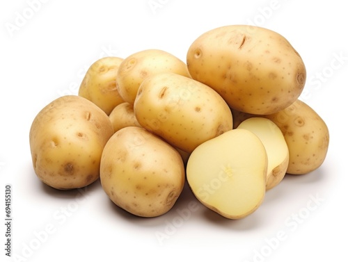 A pile of potatoes with one cut in half.