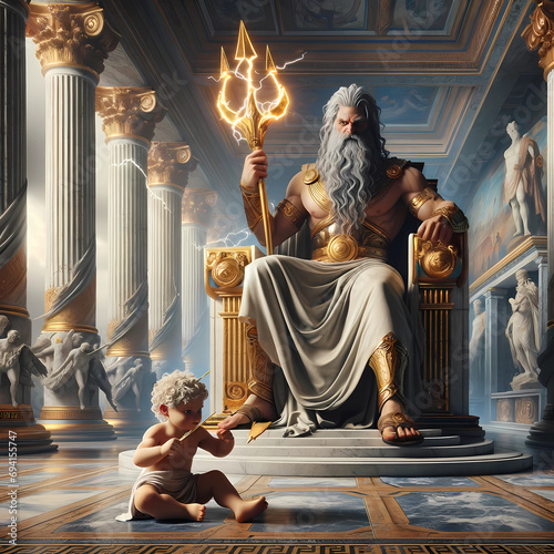 Zesu sitting on a thrown with a trident and baby Hercules playing
