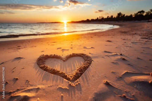 Hearts shape in the sand at the beach of sunset warm light.