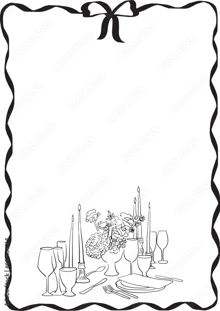 Plantilla de marco ondulado con lazo e ilustración de mesa con copas y velas. Marco minimalista estilo boceto. Ilustración en tendencia para invitación, menú, celebración, o evento social. 