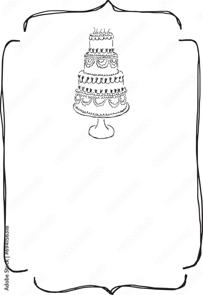 Plantilla de marco vintage con ilustración de torta. Marco minimalista estilo boceto. Ilustración en tendencia para invitación, menú, celebracion, o evento social con fondo transparente.