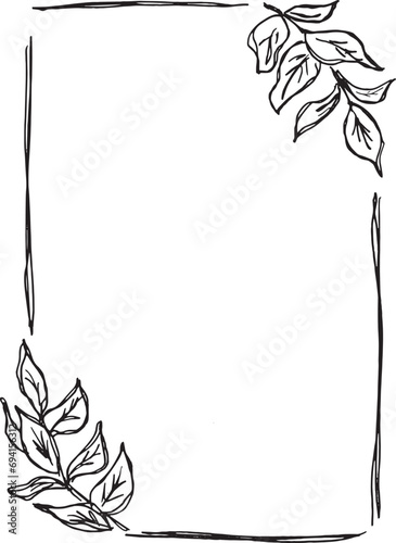 Plantilla de marco con lineas e ilustración de ramas. Marco minimalista estilo garabato. Ilustración en tendencia para invitación, menú, celebración o evento social con fondo transparente 