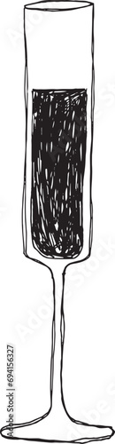 Ilustración vectorial de copa larga de champan. Boceto de contorno de copa de champan aislado en blanco