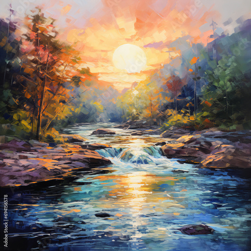 Impressionistic River Scene in Vibrant Colors with Loose Brushstrokes and Soft Edges © HustlePlayground