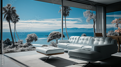Beach house living room - white sofa - glass windows - blue skies - design and decor - ocean views - high end architecture  © Jeff