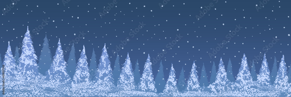 Vector illustration. Christmas trees, ice and snow.