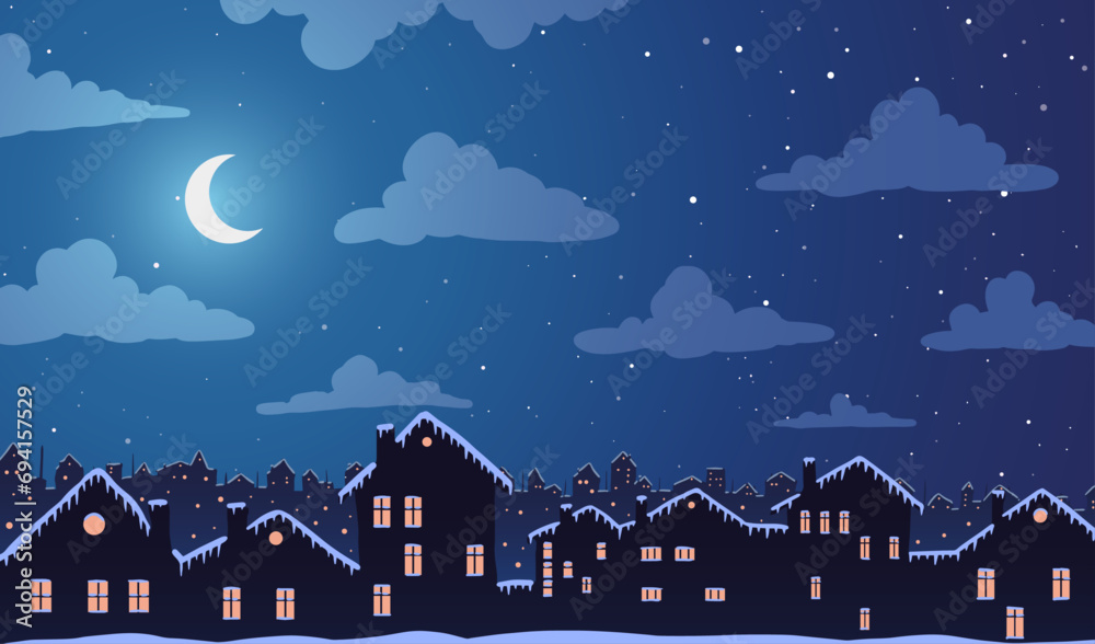 Fototapeta premium Vector illustration. Night town village in snow houses and moon among clouds