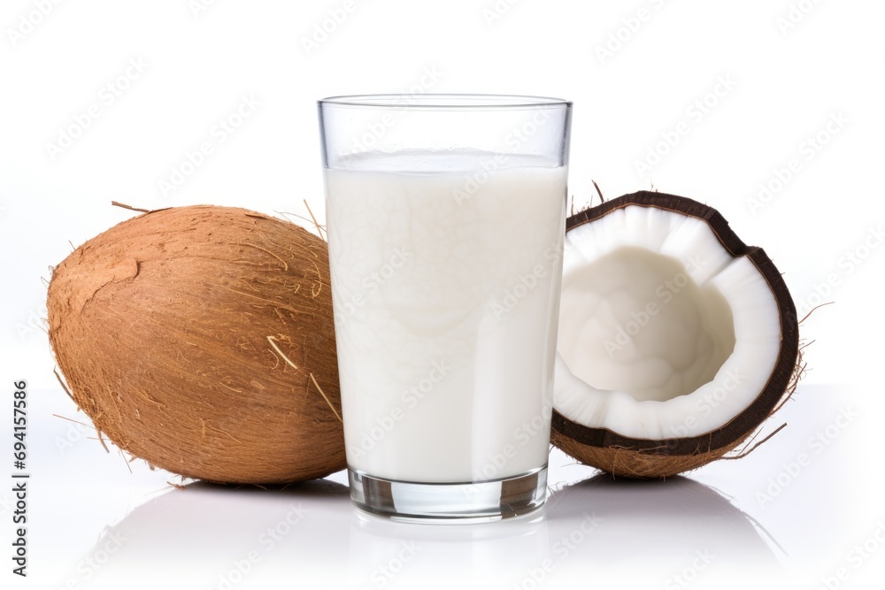 A glass of coconut milk next to a coconut. A glass of coconut milk next to a coconut.