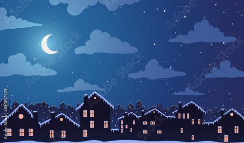 Vector illustration. Night town village in snow houses and moon among clouds