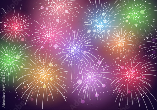 Vector multicolored fireworks on purple background.