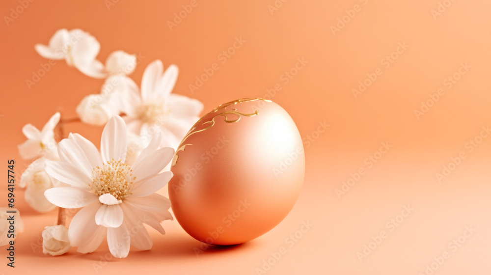 A golden egg sitting next to a bunch of white flowers. Monochrome peach fuzz background. Happy Easter.