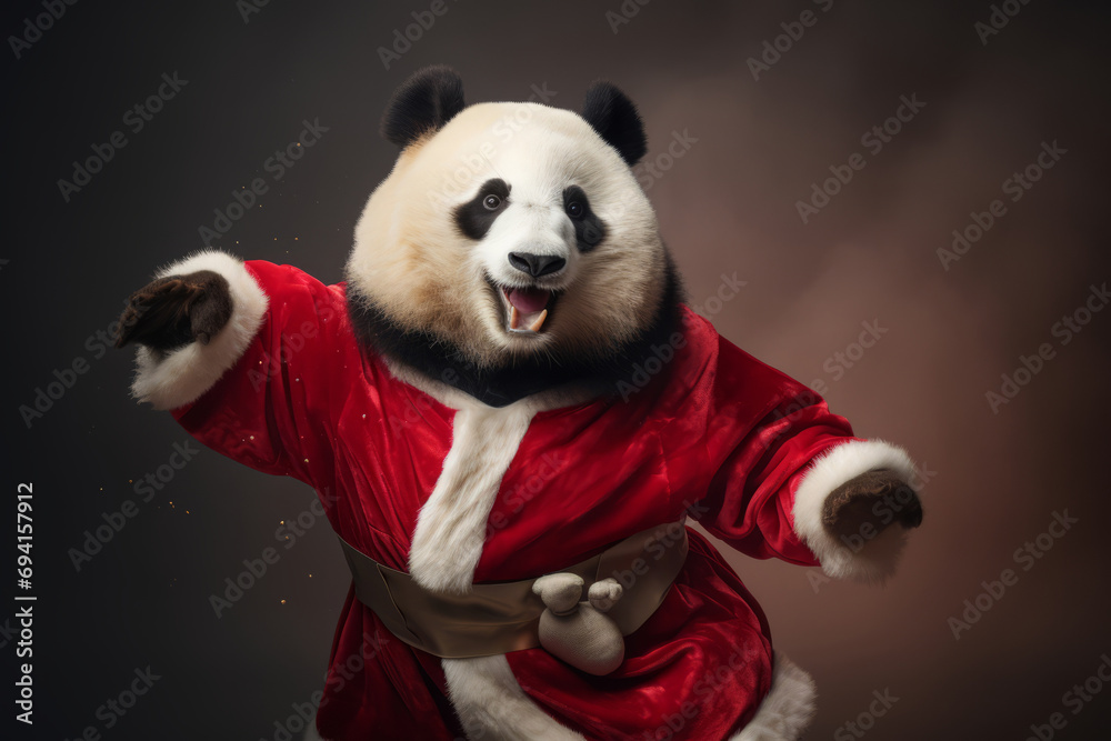 Panda with winter clothes like Santa Claus. Christmas style hat and sweater Panda with winter clothes like Santa Claus. Christmas style hat and sweater