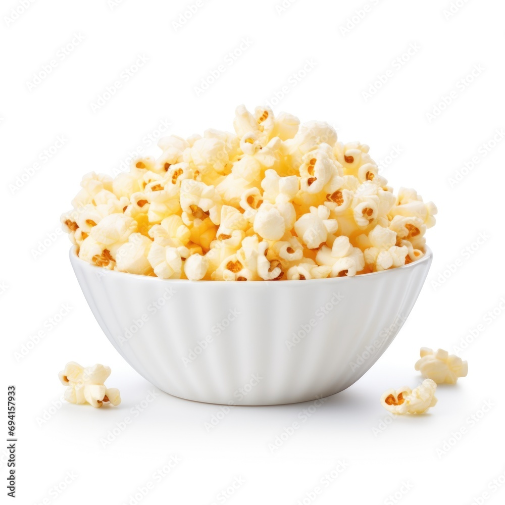 A bowl of popcorn sitting on top of a white table. A bowl of popcorn sitting on top of a white table.