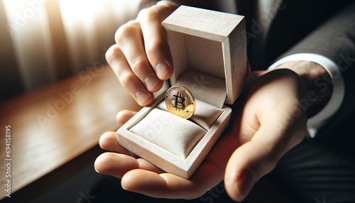 Close-up view of a hand opening a minimalistic wedding ring box. Inside the box, instead of a traditional wedding ring, there is a prominently larger golden Bitcoin. photo