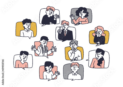 吹き出しから顔を覗かせて会話するさまざまな人々のイラストセット