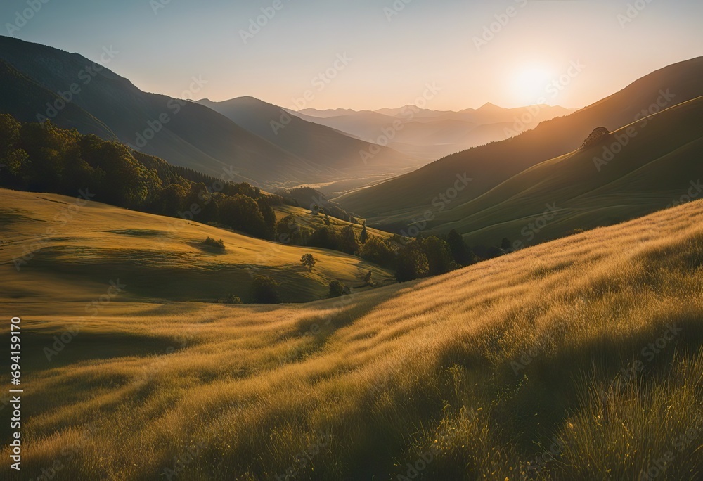 Mountain valley during sunrise. Beutiful natural landsscape in the summer time. stock photoLandscape - Scenery, Mountain, Backgrounds, Hill, Nature