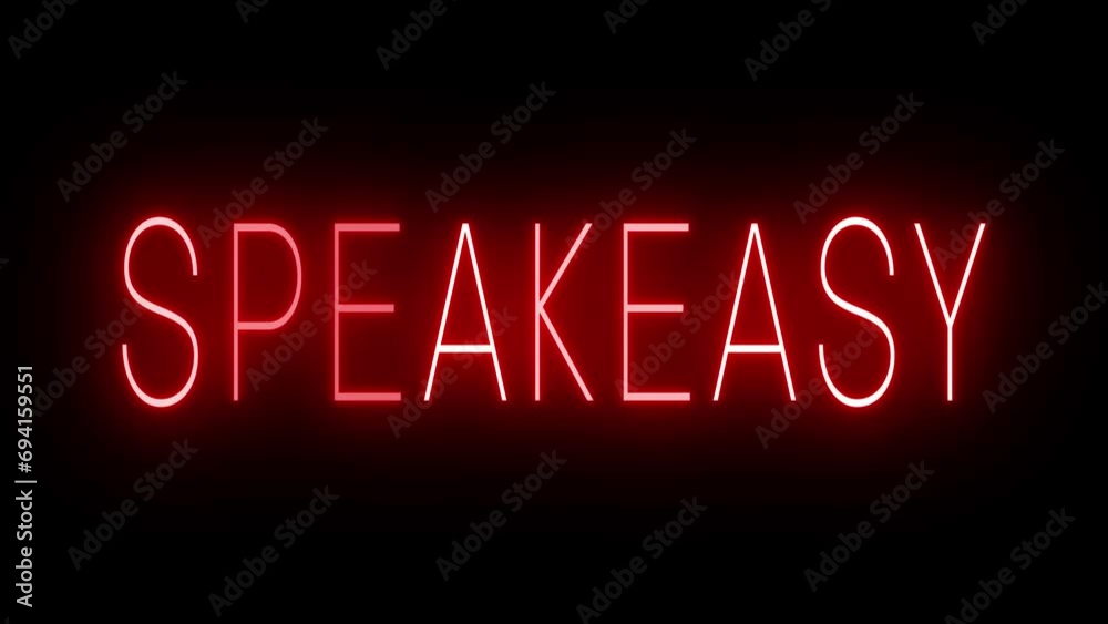 Flickering red retro style neon sign glowing against a black background for SPEAKEASY
