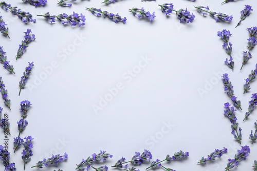 Frame of beautiful aromatic lavender flowers on white background  flat lay. Space for text