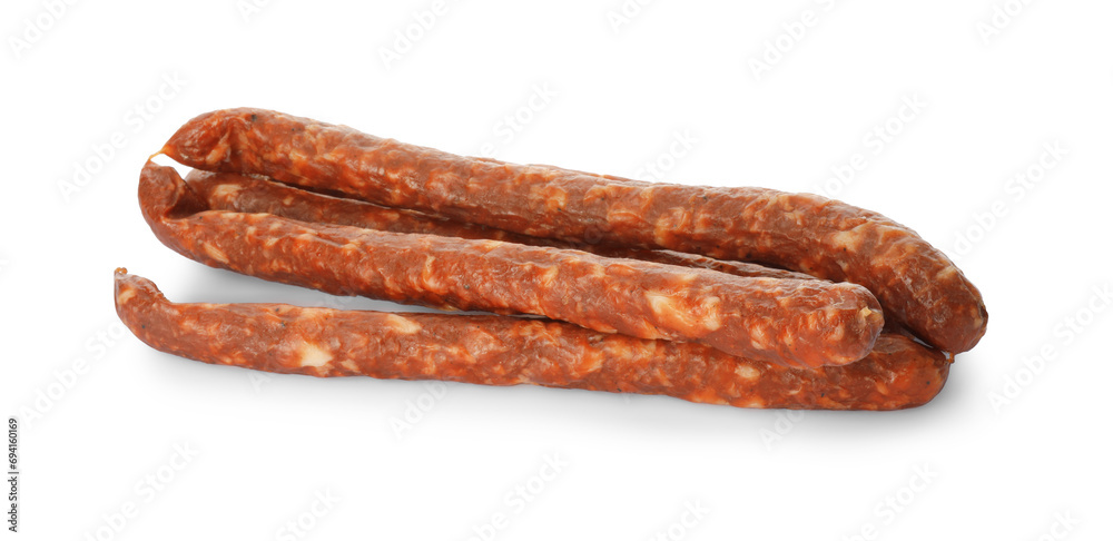 Thin dry smoked sausages isolated on white Thin dry smoked sausages isolated on white