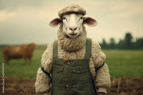 Sheep dressed as a farmer on a field photo