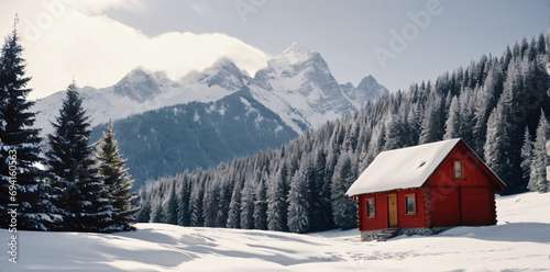 Small Red Wood Cabin in a Snowy Pinetree Mountain Landscape