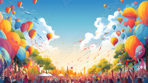A lively and colorful background featuring summer festival elements, such as balloons, confetti, and joyful crowds