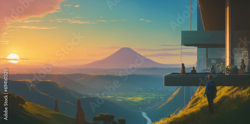 Sunset View at Modern Cliffside Cafe Overlooking Volcano