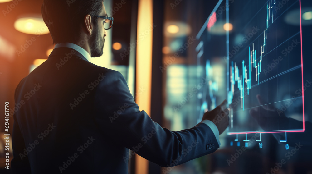 A businessman investor touching and analysing a graph of stock market showing growing sales - obrazy, fototapety, plakaty 